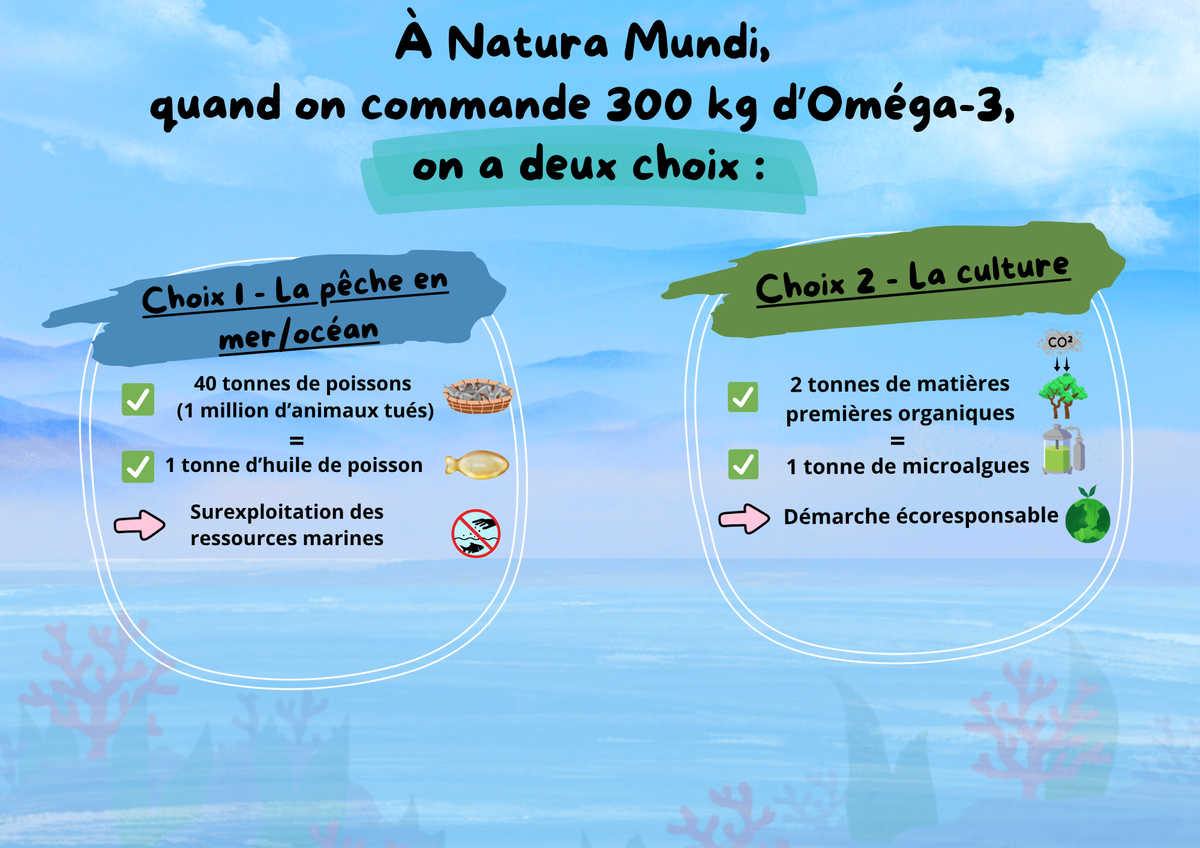 Infographie Natura Mundi : pour 300 kg d'Oméga-3, la pêche demande 40 tonnes de poissons, la culture de microalgues 2 tonnes de matières premières organiques